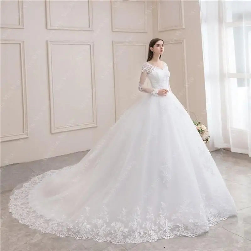 Wedding Dress 2024New Luxury Full Sleeve Sexy V-neck Bride Dress With Train Ball Gown Princess Classic Wedding Gowns