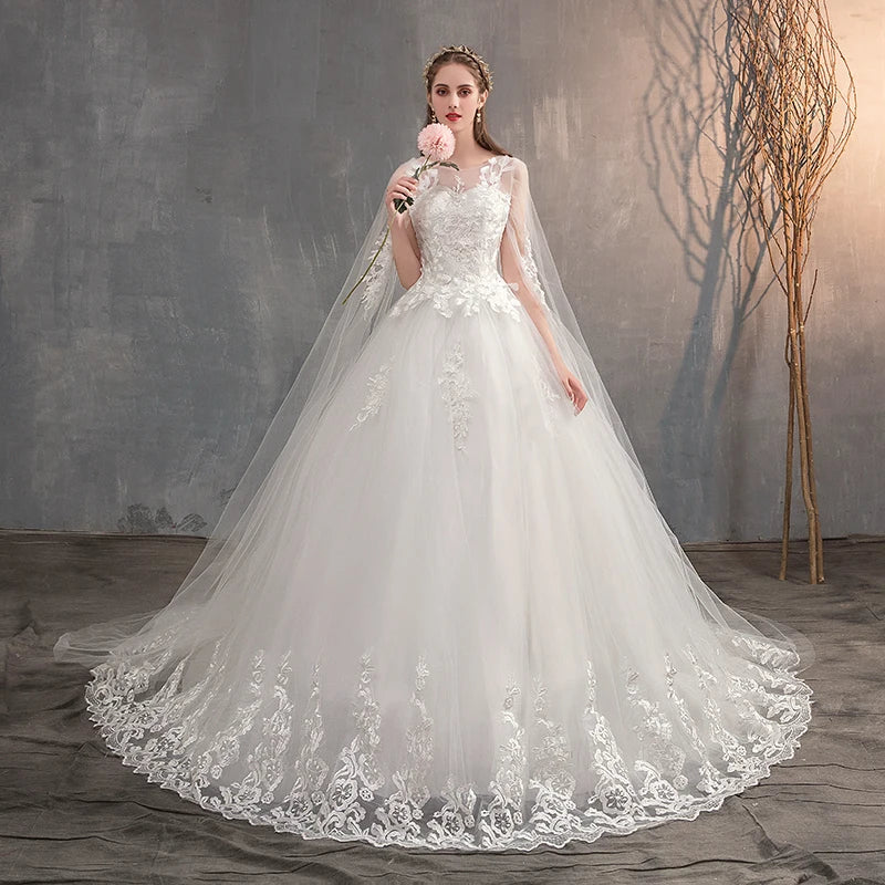 Wedding Dress With Long Cap Lace Wedding Gown With Long Train Embroidery Princess Plus Szie Bridal Dress