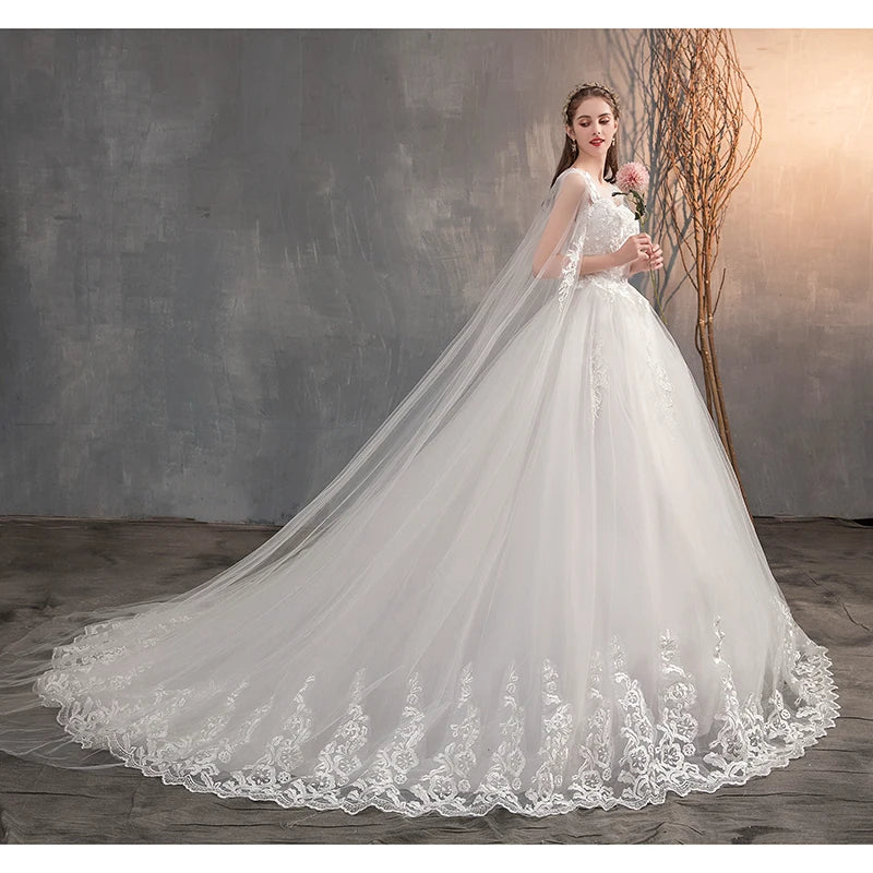 Wedding Dress With Long Cap Lace Wedding Gown With Long Train Embroidery Princess Plus Szie Bridal Dress