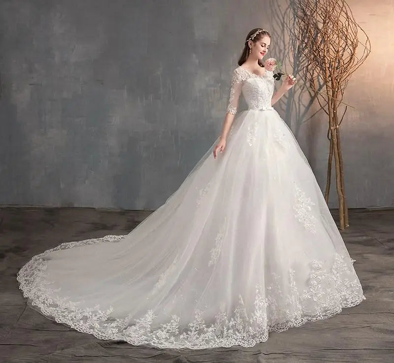 Wedding Dress 2024New Luxury Full Sleeve Sexy V-neck Bride Dress With Train Ball Gown Princess Classic Wedding Gowns