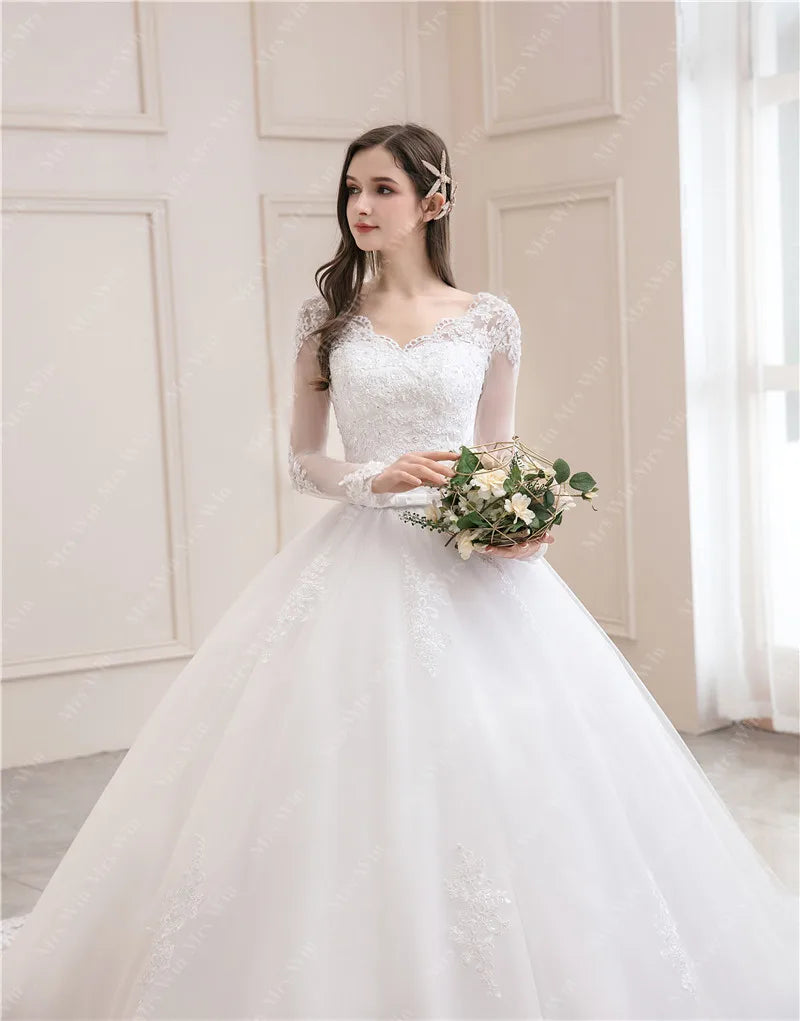 Wedding Dress 2024New Luxury Full Sleeve Sexy V-neck Bride Dress With Train Ball Gown Princess Classic Wedding Gowns