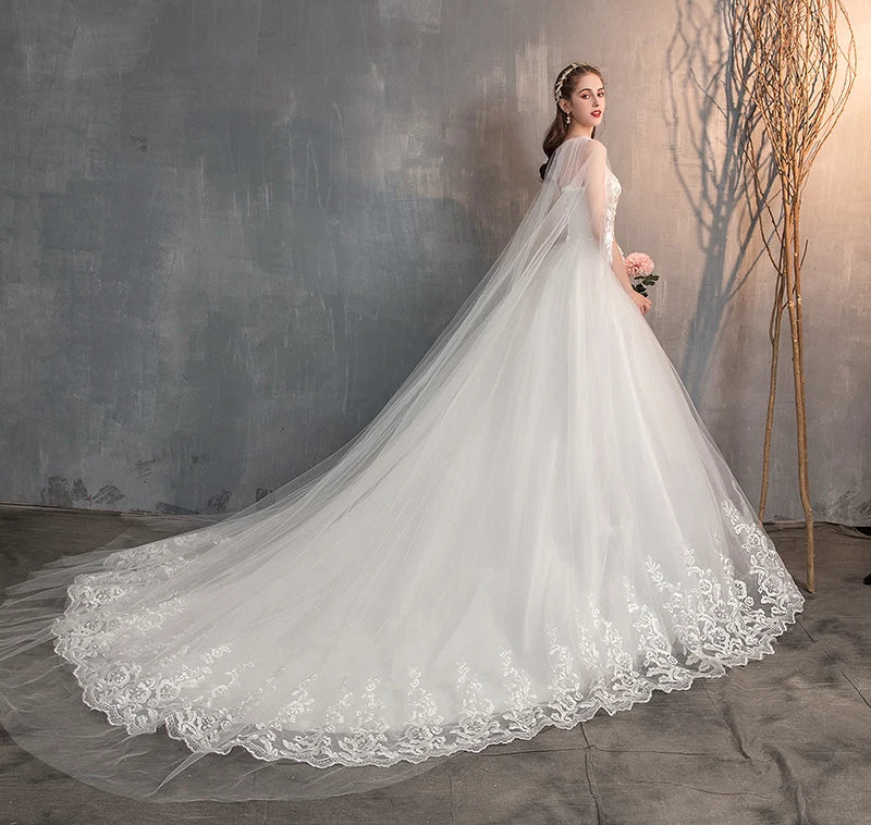 Wedding Dress With Long Cap Lace Wedding Gown With Long Train Embroidery Princess Plus Szie Bridal Dress