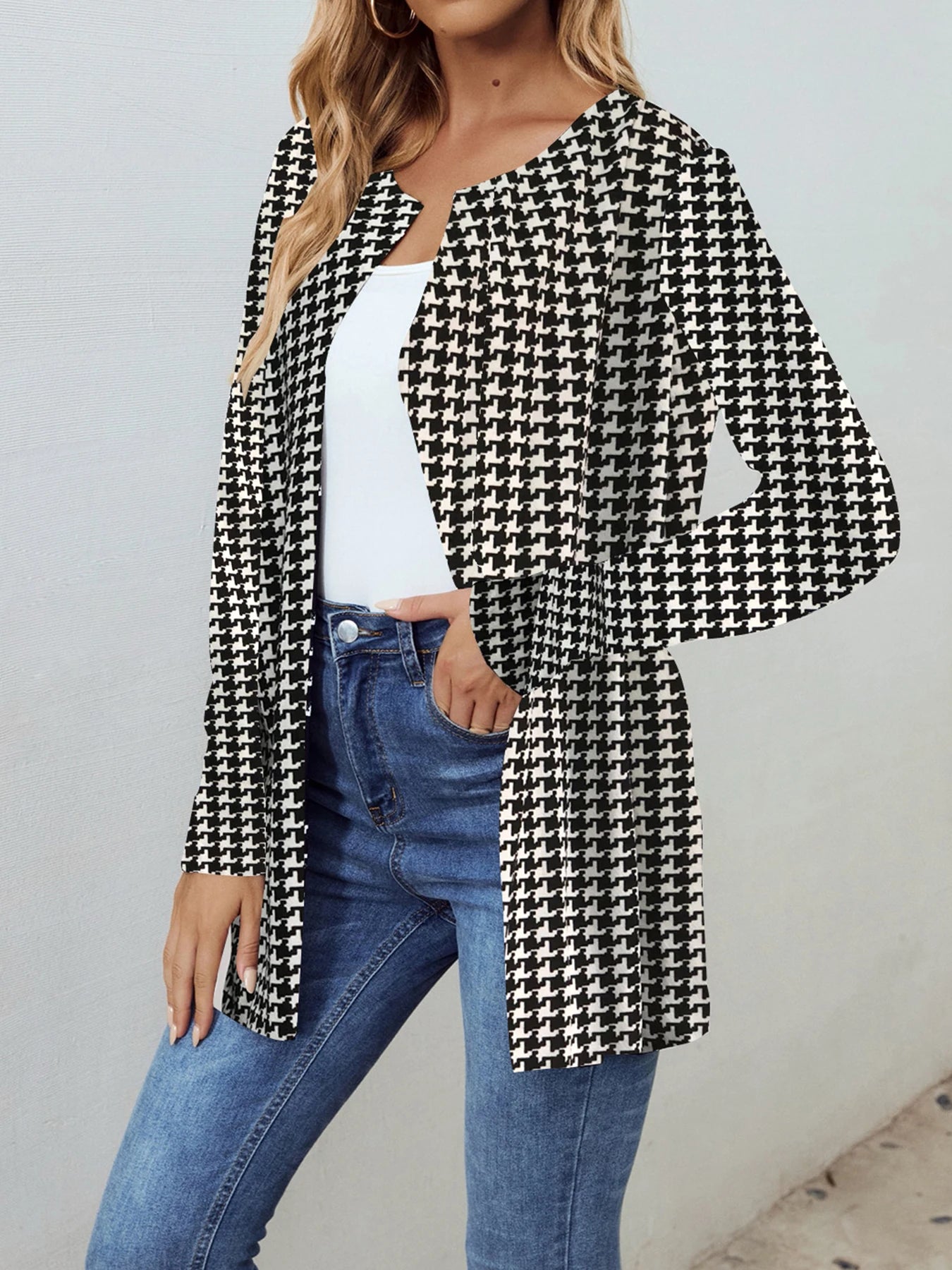 Women Fashion Houndstooth Printed Outerwear Casual Full Long Sleeve Jacket Coats Ladies Chic Outerwear Tops