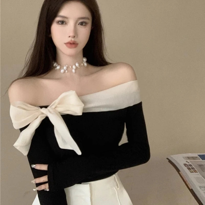 Slash Neck T-shirts Women Spring and Autumn New Bow Long-sleeved Slimming Office Lady Tees Korean Style Fashion Tops Female