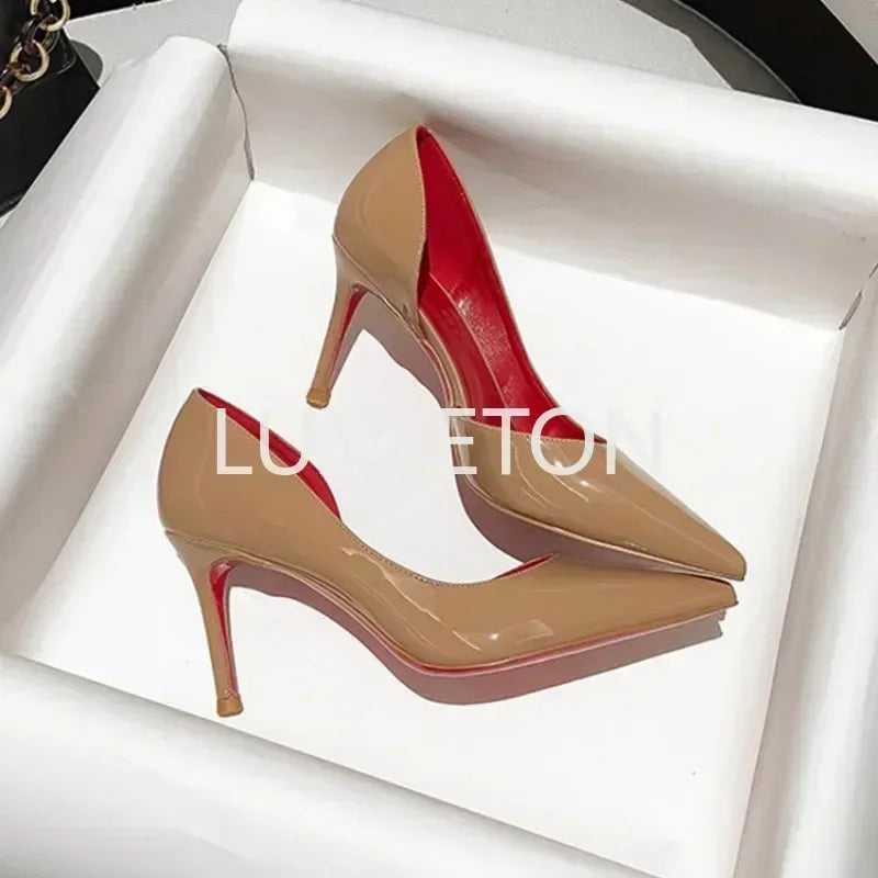 2024 New Lacquer Leather High Heels, Shallow Mouth, Pointed Head, Thin Heel, Side Air, High Grade Sexy Fashion Single Shoes