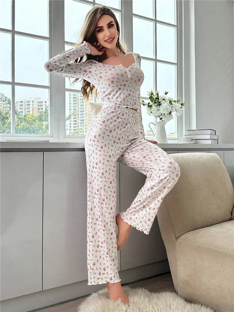 Women's Sleepwear Ditsy Floral Print Lettuce Trim PaJamas Set  Elastic Waistband  Loungewear Full Sleeve Nightwear