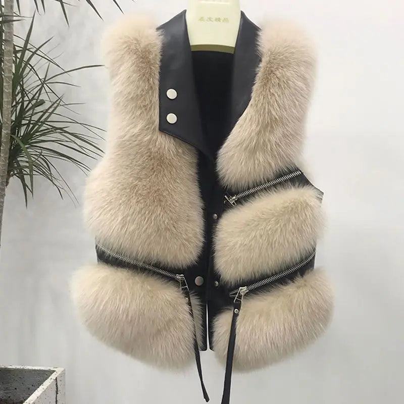 2023 Autumn Winter Patchwork Fur Women's Vest Short Coat Slim Fashion Versatile