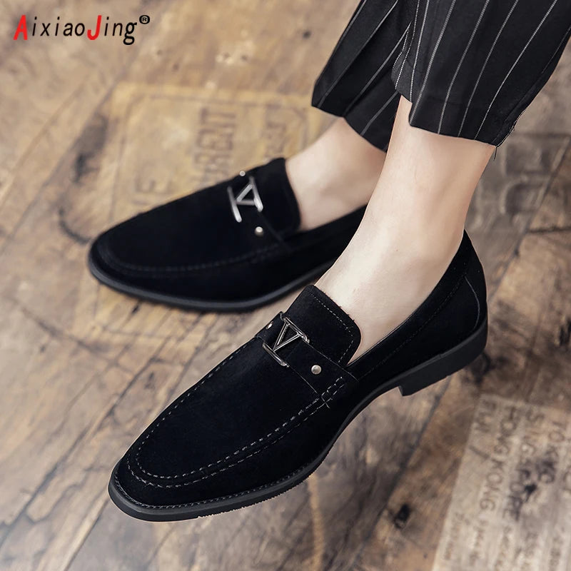 Designer brand leather shoes men's loafers men's flocked shoes business blue breathable solid color shoes handmade casual shoes