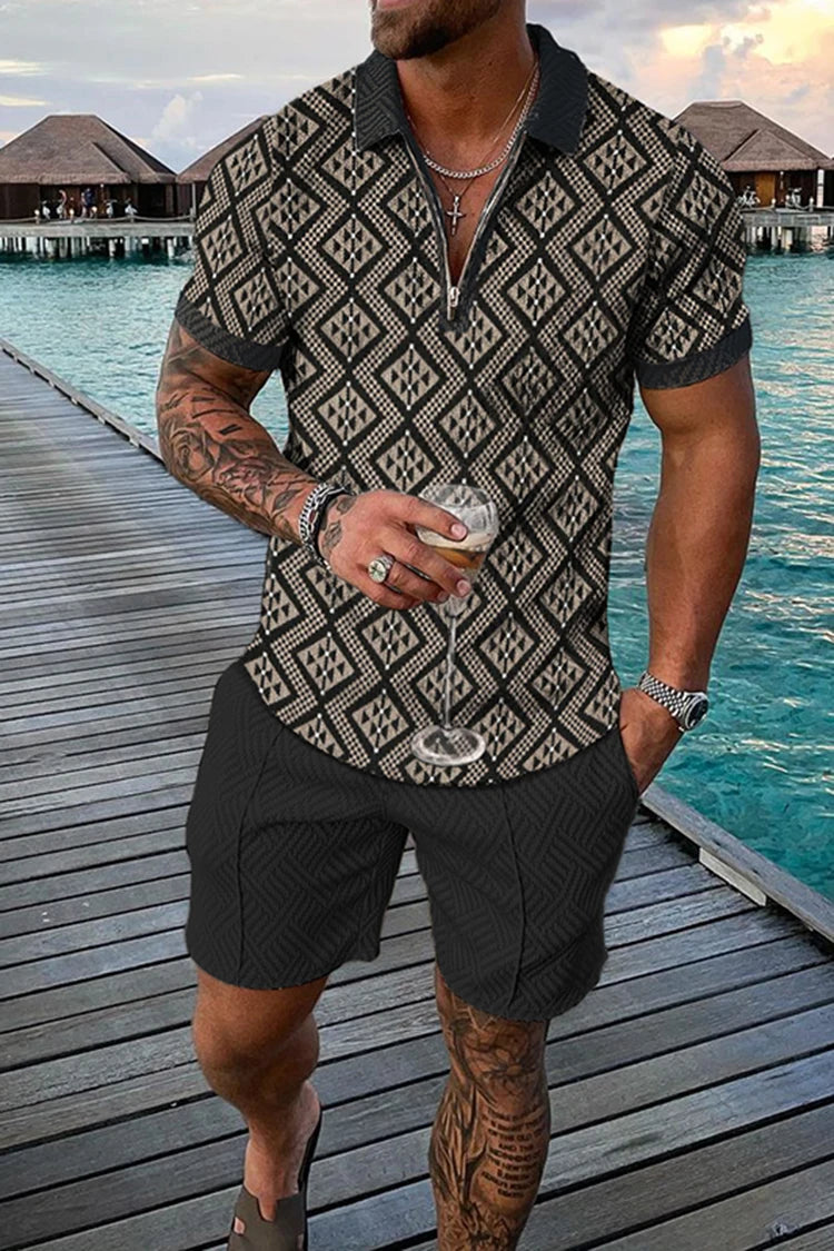 Men Summer Polo Shirt Set 2 Pieces Hawaii Tracksuit Casual Business Suit Fashion Trun Down Collar Zipper Clothing Vintage Outfit