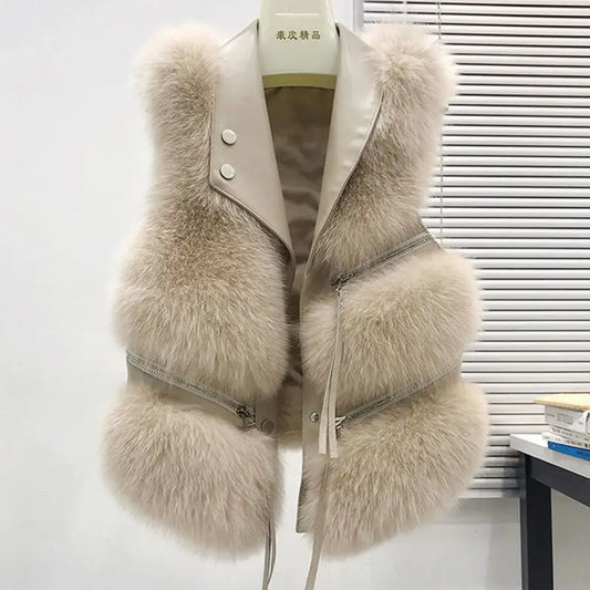 2023 Autumn Winter Patchwork Fur Women's Vest Short Coat Slim Fashion Versatile