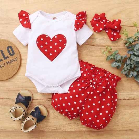 Newborn Baby Girl Daily Clothes Set Love Wave Point Short Sleeve Top+Shorts+Headband Summer Lovely 3PCS Outfit for 0-18 Months