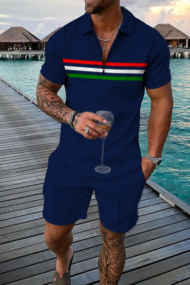 Men Summer Polo Shirt Set 2 Pieces Hawaii Tracksuit Casual Business Suit Fashion Trun Down Collar Zipper Clothing Vintage Outfit