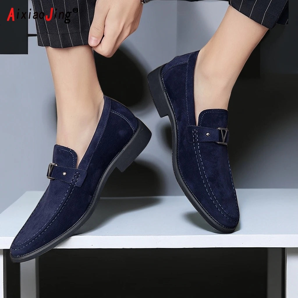 Designer brand leather shoes men's loafers men's flocked shoes business blue breathable solid color shoes handmade casual shoes