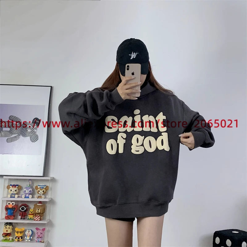 Vintage CPFM Saint Of God Hoodie Men Women Puff Print Saint Michael Sweatshirts Oversize Pullovers Hooded