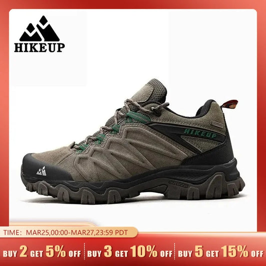 HIKEUP High Quality Leather Hiking Shoes Durable Outdoor Sport Men Trekking Leather Shoes Lace-Up Climbing Hunting Sneakers