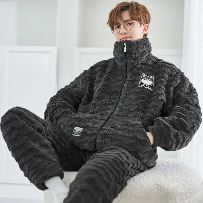 Men Pajamas Set Winter Coral Velvet Padded Sleepwear Cartoon Plus Size Male Flannel Home Service Suit Young Students Loungewear