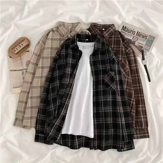 Vintage Plaid Shirts Women Autumn Long Sleeve Oversize Button Up Shirt Korean Fashion Casual Fall Outwear Tops Blusas Mujer 2021