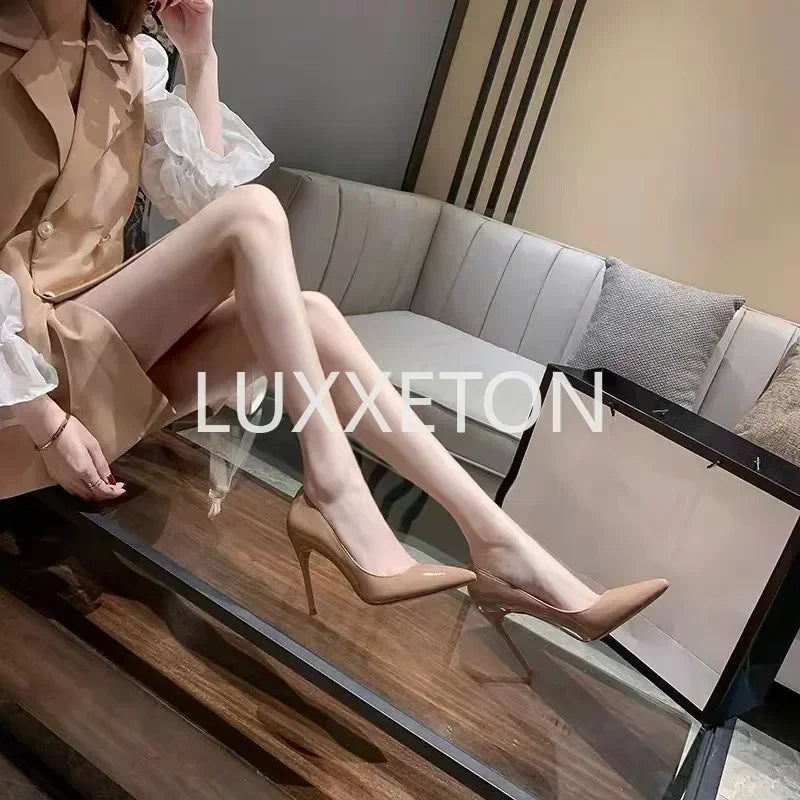 2024 New Lacquer Leather High Heels, Shallow Mouth, Pointed Head, Thin Heel, Side Air, High Grade Sexy Fashion Single Shoes