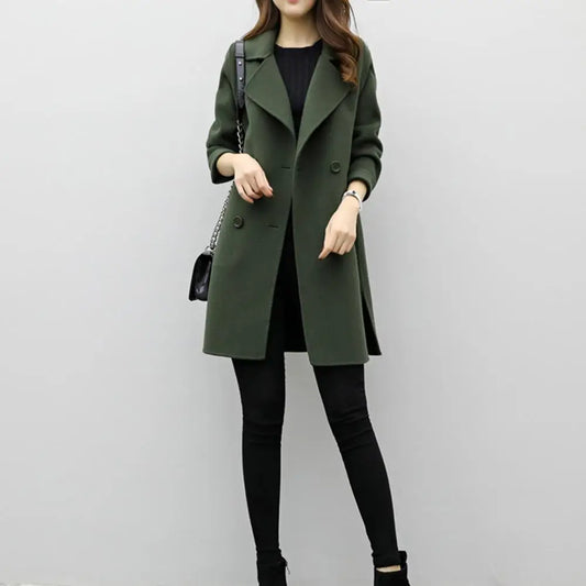 Woolen Coat Women Autumn Winter Solid Elegant Korean Jacket Oversize Casual Warm Mid-Length Double-Breasted Lapel Outwear