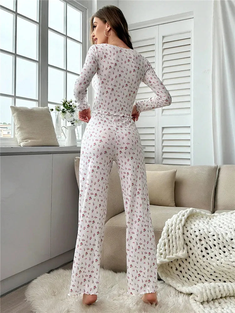 Women's Sleepwear Ditsy Floral Print Lettuce Trim PaJamas Set  Elastic Waistband  Loungewear Full Sleeve Nightwear