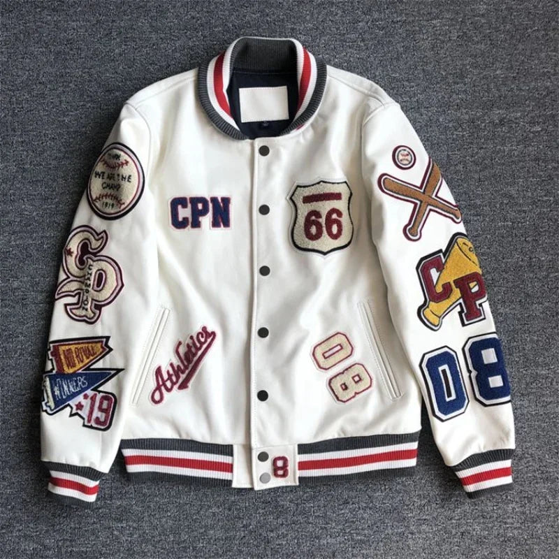 Men's spring and autumn baseball uniform Y2K retro trend leather jacket heavy industry embroidery white short coat ins hot sale