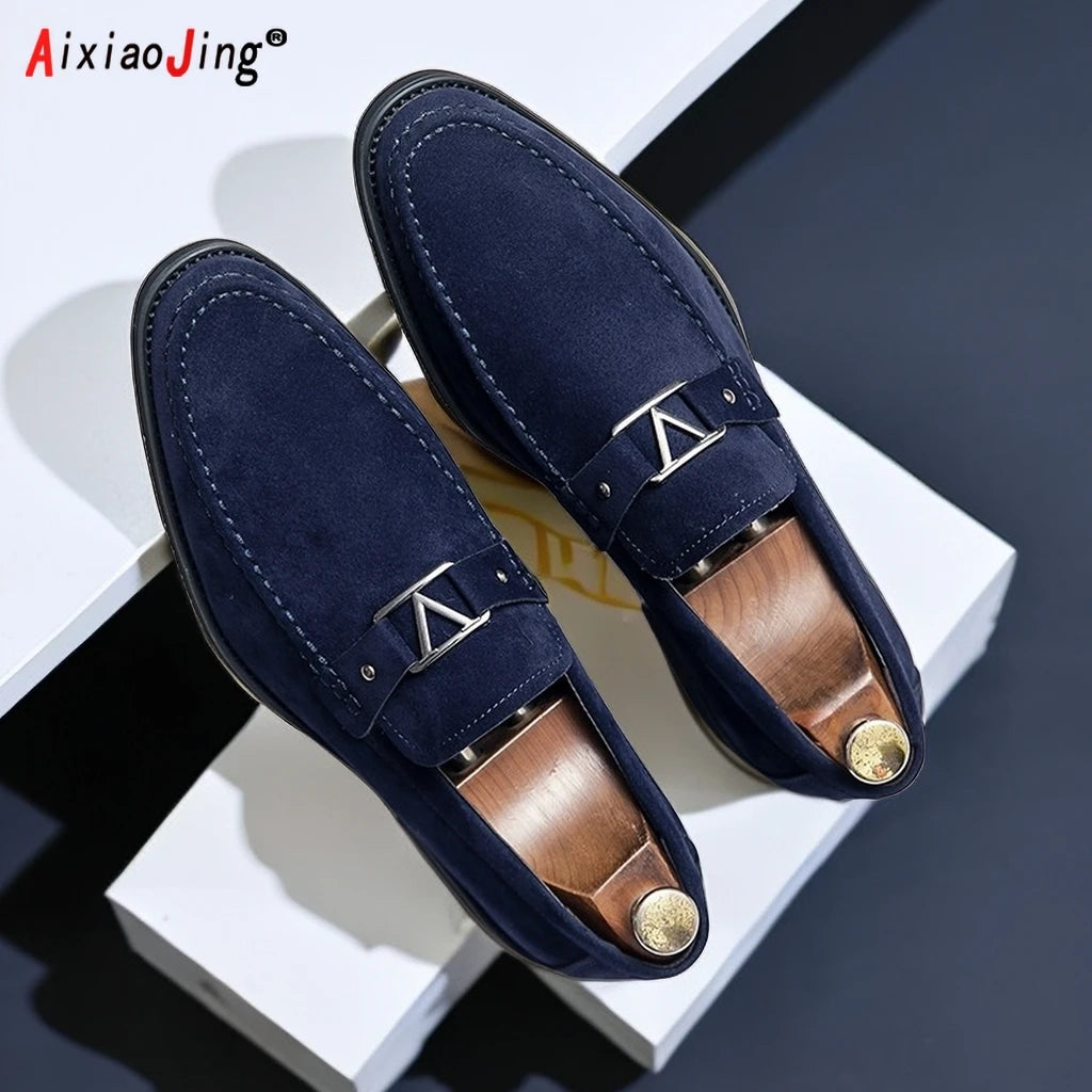 Designer brand leather shoes men's loafers men's flocked shoes business blue breathable solid color shoes handmade casual shoes