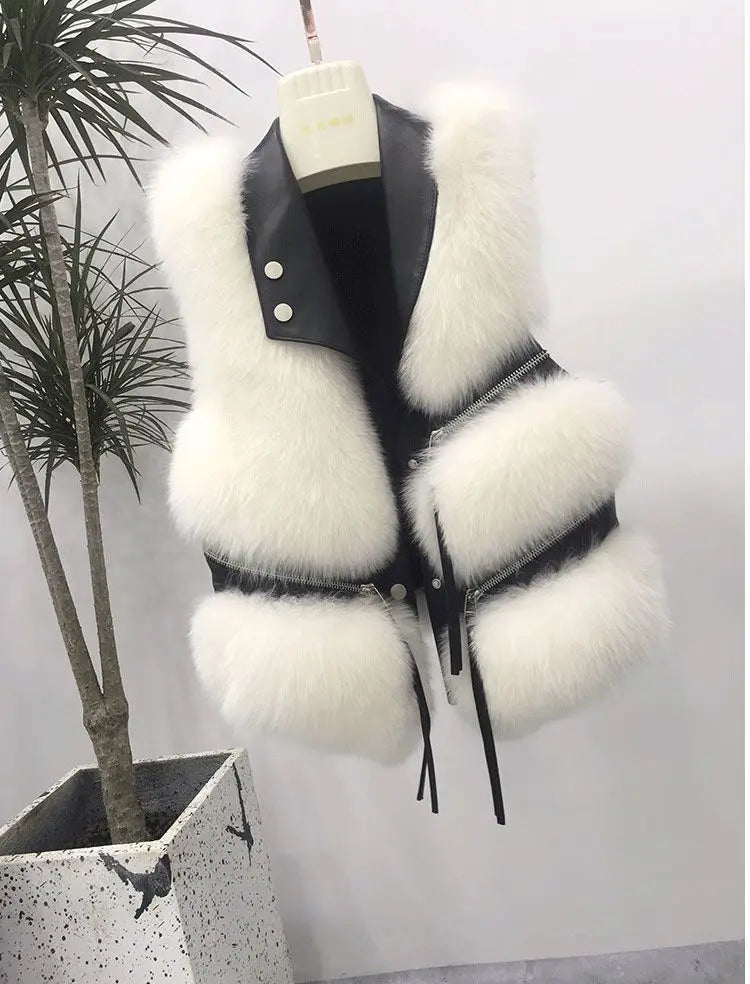 2023 Autumn Winter Patchwork Fur Women's Vest Short Coat Slim Fashion Versatile