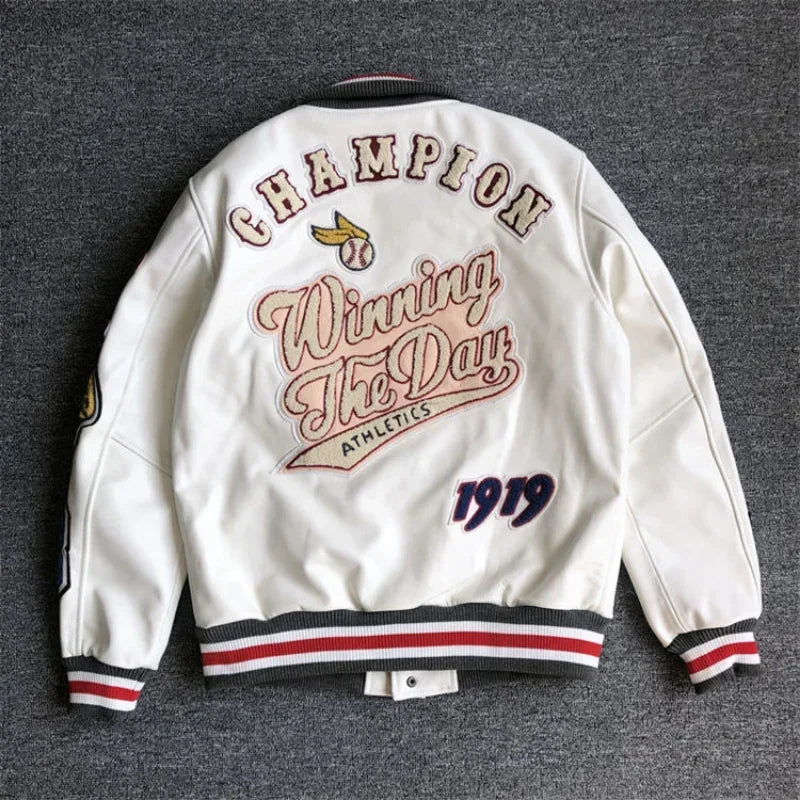 Men's spring and autumn baseball uniform Y2K retro trend leather jacket heavy industry embroidery white short coat ins hot sale