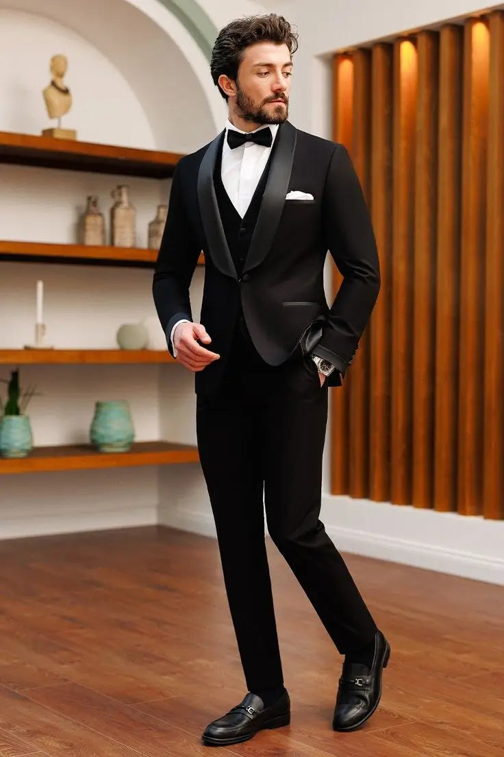 Handsome Black Slim-Fitting Tuxedo Suit for Men, Vest, Coat, Pants, Formal Occasions, Wedding, Cocktail, 3Pcs, 2024