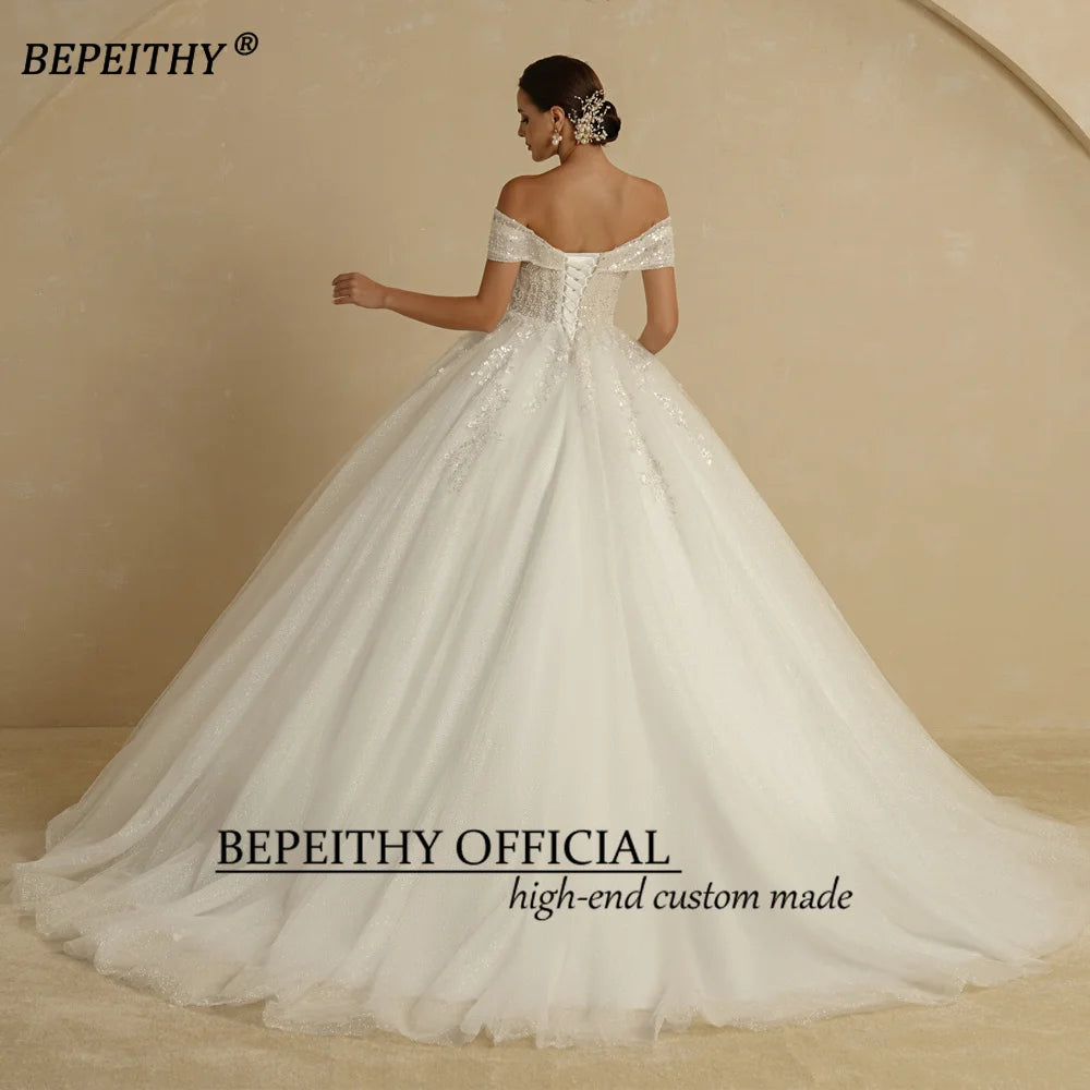 Wedding Dresses For Bride Off The Shoulder Sleeveless Women Glitter Ball Bridal Gown Robes