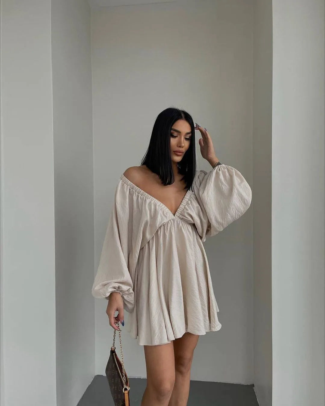 Fashion Elegant Dress Spring Summer 2023 Temperament Commuting Sexy V-Neck Bubble Long Sleeve Solid Women's Swing Mini Skirt