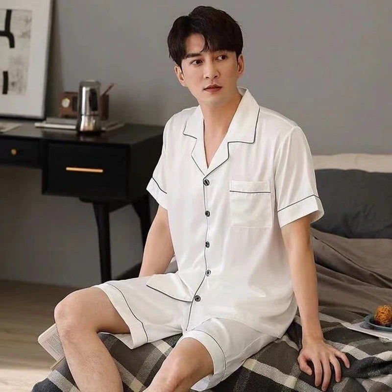 Summer New Pajamas For Man Big Size Satin Mens Pajama Sets Shorts Silk Short Sleeve Sleepwear Home Pijama Night Wear Loungewear