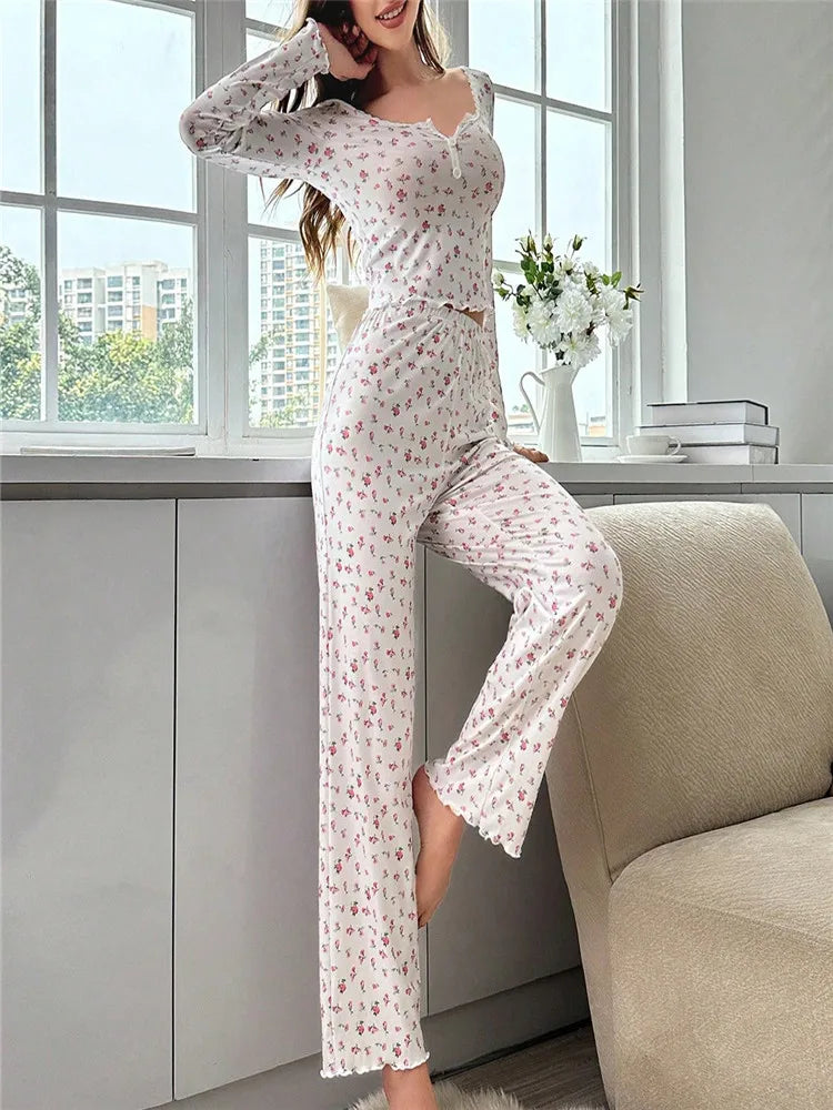 Women's Sleepwear Ditsy Floral Print Lettuce Trim PaJamas Set  Elastic Waistband  Loungewear Full Sleeve Nightwear