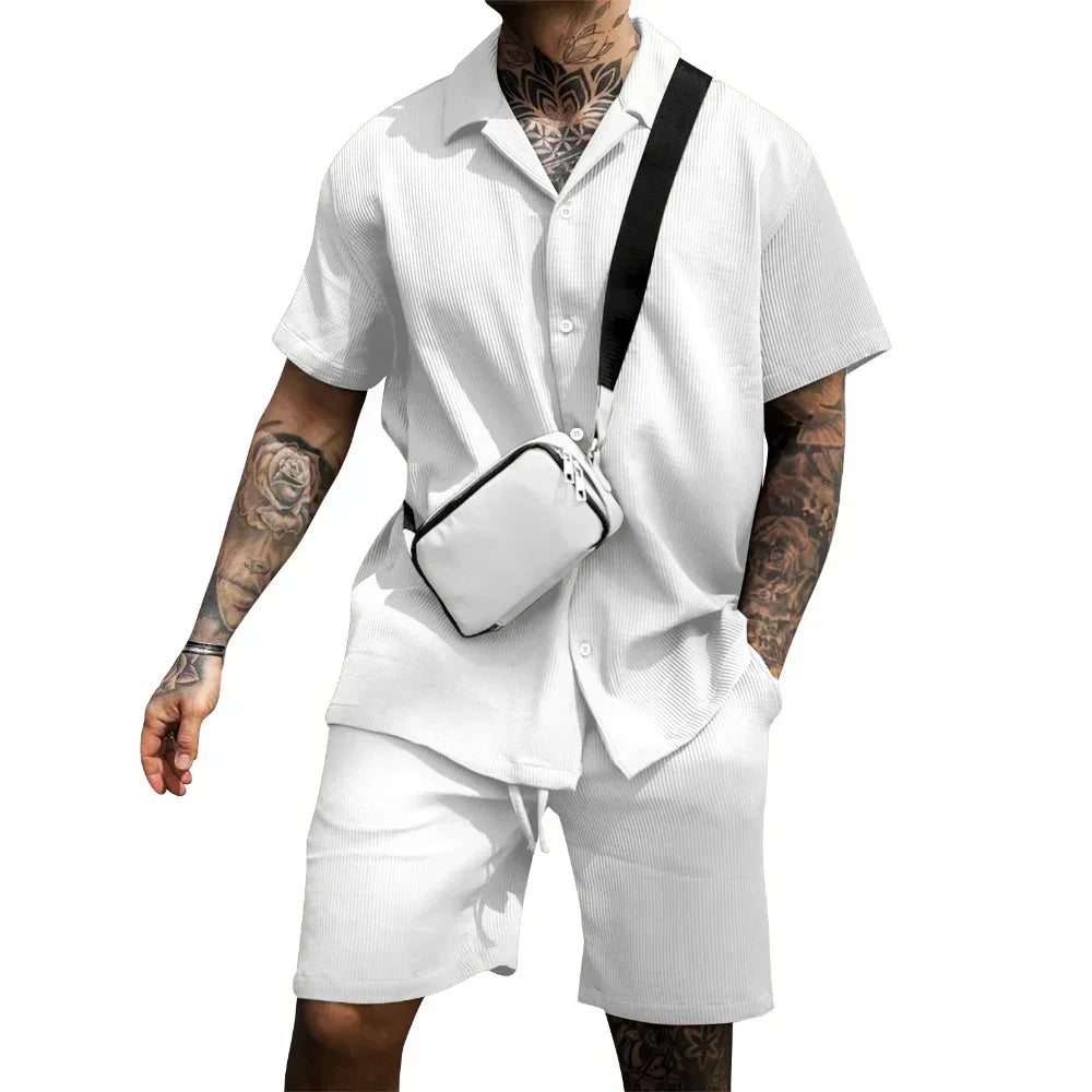 Men's Sets Soft Single Breasted Shirts Shorts 2 Pieces Sets for Men Fashoin Sweatpants Suit