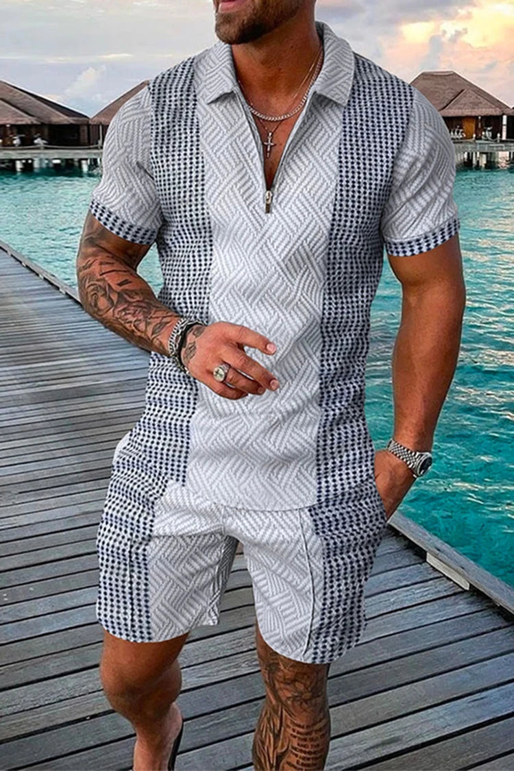 Men Summer Polo Shirt Set 2 Pieces Hawaii Tracksuit Casual Business Suit Fashion Trun Down Collar Zipper Clothing Vintage Outfit