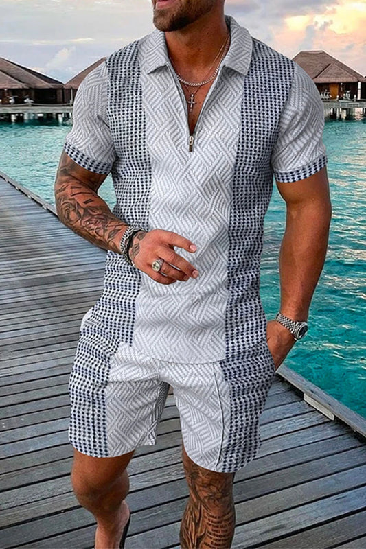 Men Summer Polo Shirt Set 2 Pieces Hawaii Tracksuit Casual Business Suit Fashion Trun Down Collar Zipper Clothing Vintage Outfit