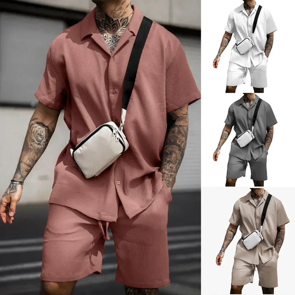 Men's Sets Soft Single Breasted Shirts Shorts 2 Pieces Sets for Men Fashoin Sweatpants Suit