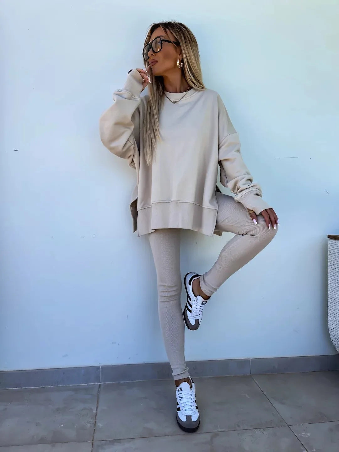 Spring summer  new Shirt  casual loose-fitting sweater tight pants 2 piece suit sets for women 2 pieces trousers sets