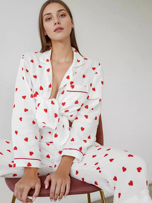 Love Printed Women's Pajamas Sweet Heart Pure Cotton Sleepwear Comfort Soft nightwear Tiktok Popular Lovely cute Two piece set