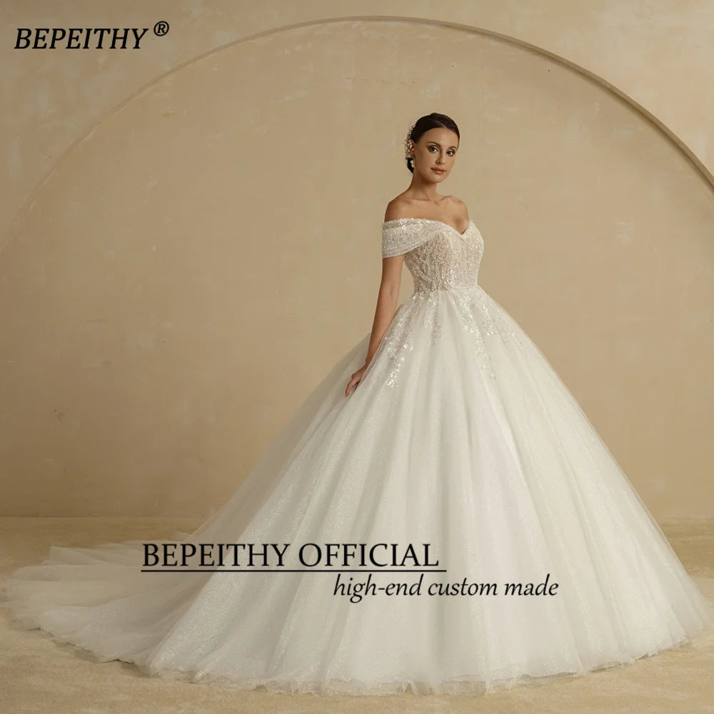 Wedding Dresses For Bride Off The Shoulder Sleeveless Women Glitter Ball Bridal Gown Robes