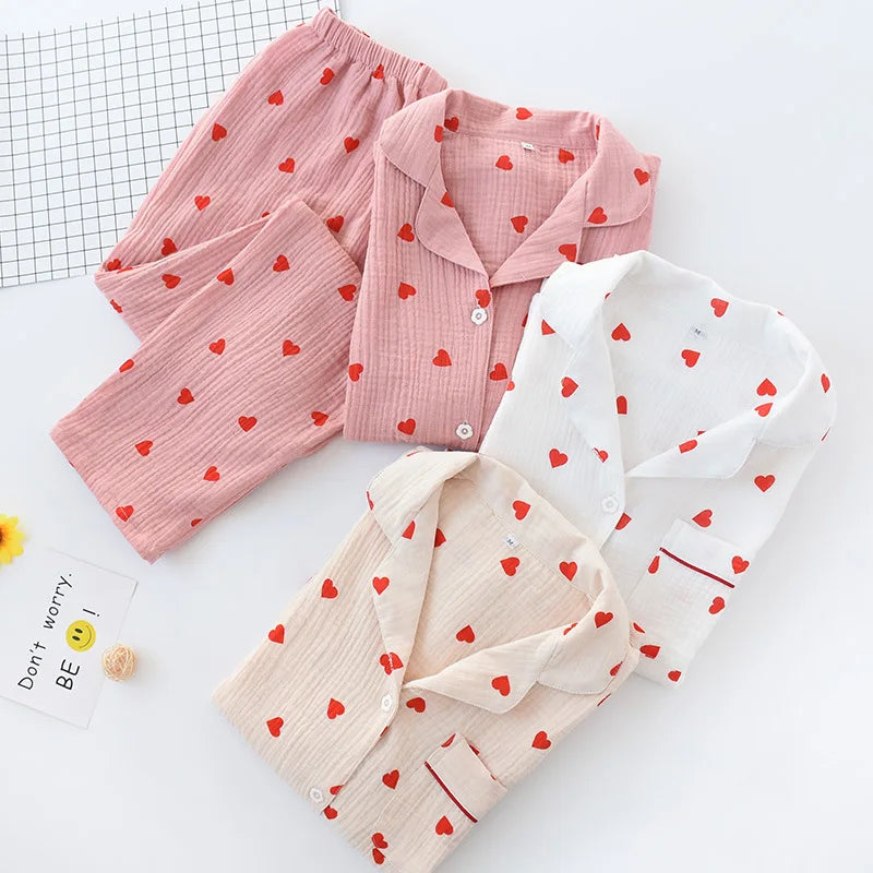 Love Printed Women's Pajamas Sweet Heart Pure Cotton Sleepwear Comfort Soft nightwear Tiktok Popular Lovely cute Two piece set