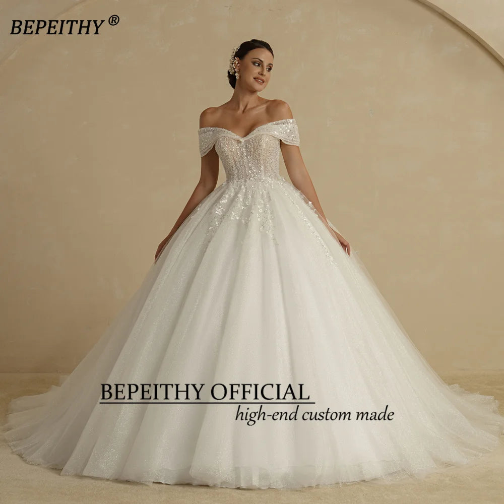 Wedding Dresses For Bride Off The Shoulder Sleeveless Women Glitter Ball Bridal Gown Robes