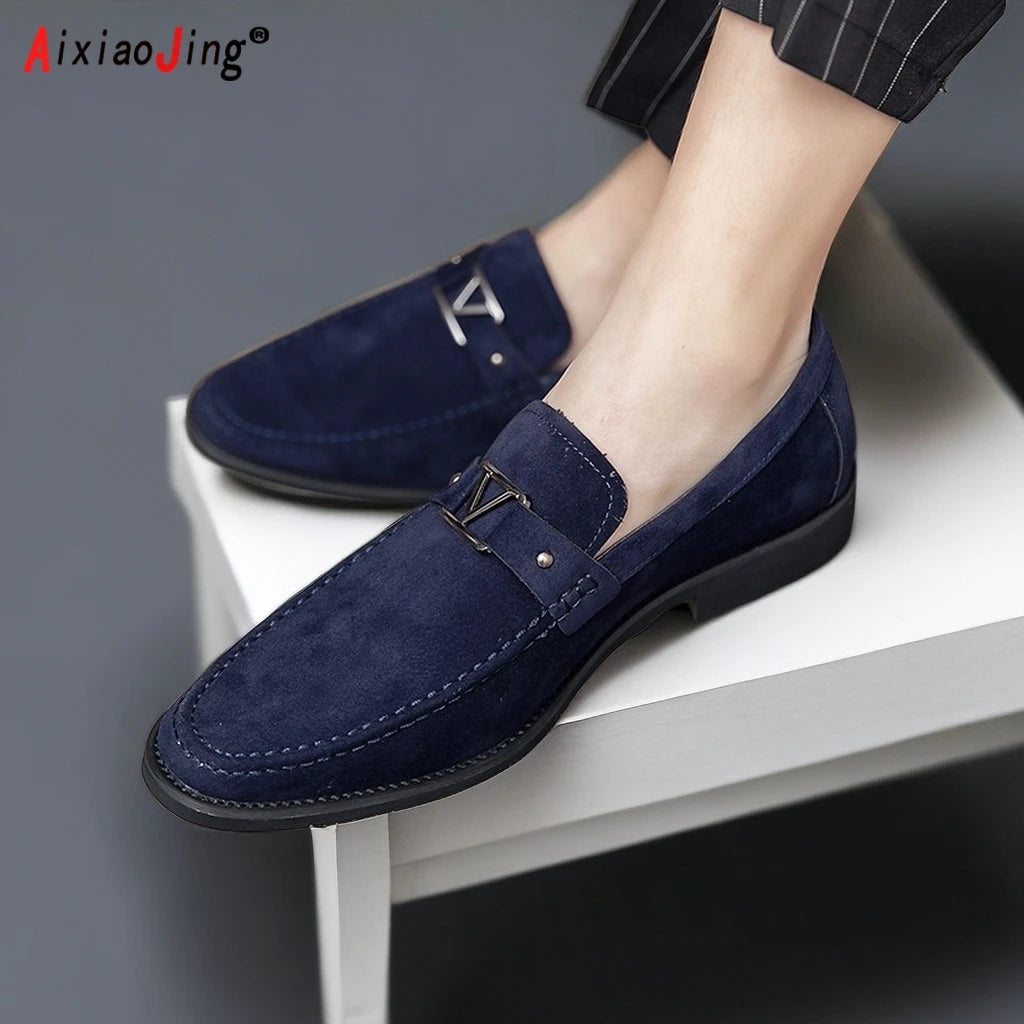 Designer brand leather shoes men's loafers men's flocked shoes business blue breathable solid color shoes handmade casual shoes