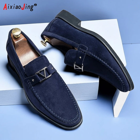 Designer brand leather shoes men's loafers men's flocked shoes business blue breathable solid color shoes handmade casual shoes