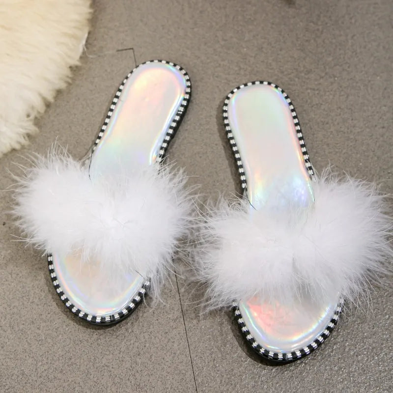 2024 Summer New Fashion Outwear Women's Large Slippers Open Toe Round Head Plush Solid Color Comfortable Flat Shoes for Women