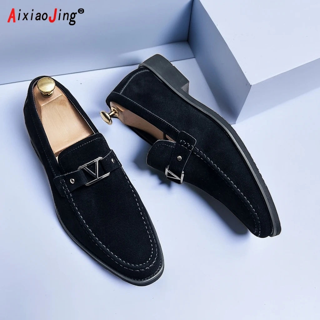 Designer brand leather shoes men's loafers men's flocked shoes business blue breathable solid color shoes handmade casual shoes