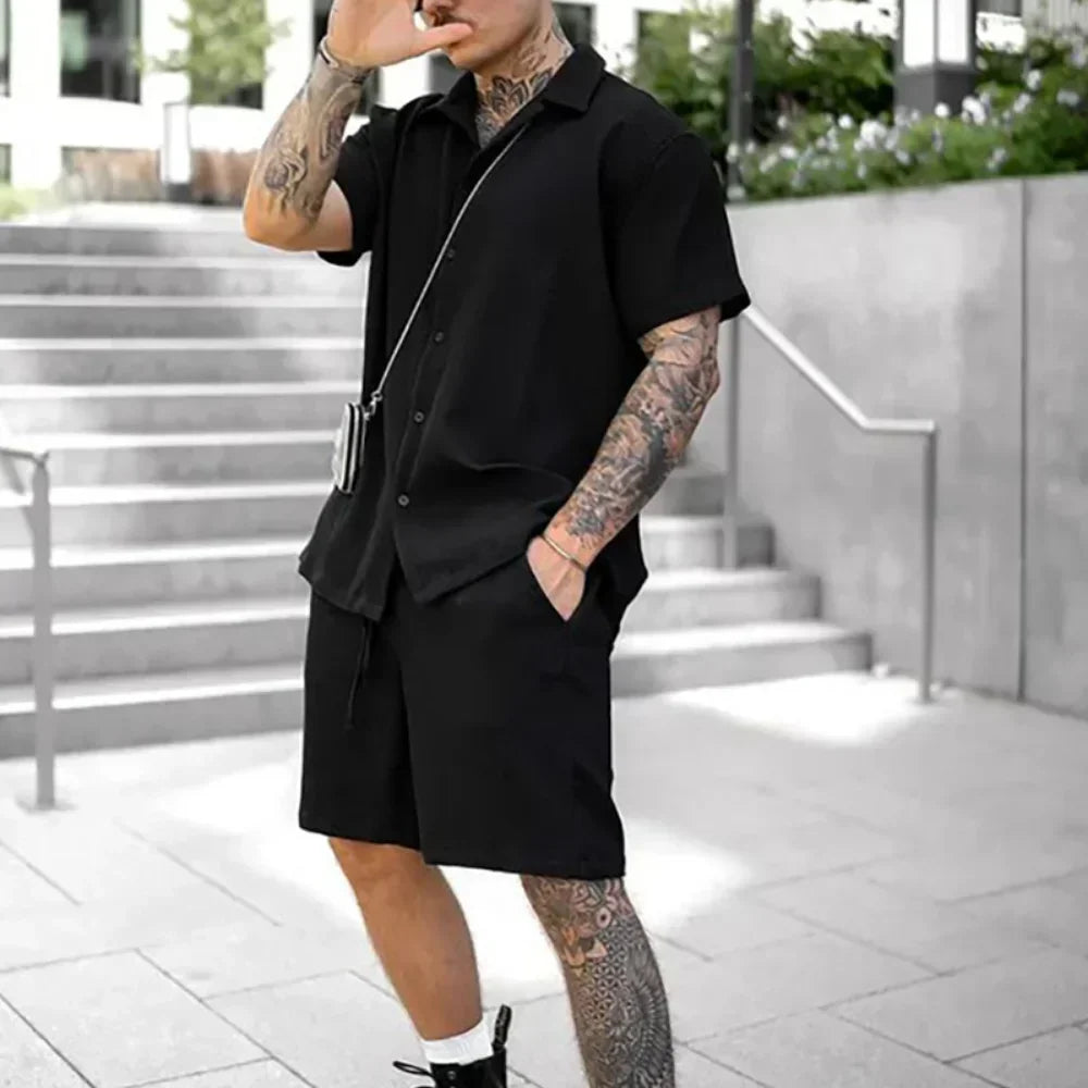 2024 Summer Solid Casual Losse Men's Sets Soft Single Breasted Shirts Shorts 2 Pieces Sets for Men Fashoin Sweatpants Suit