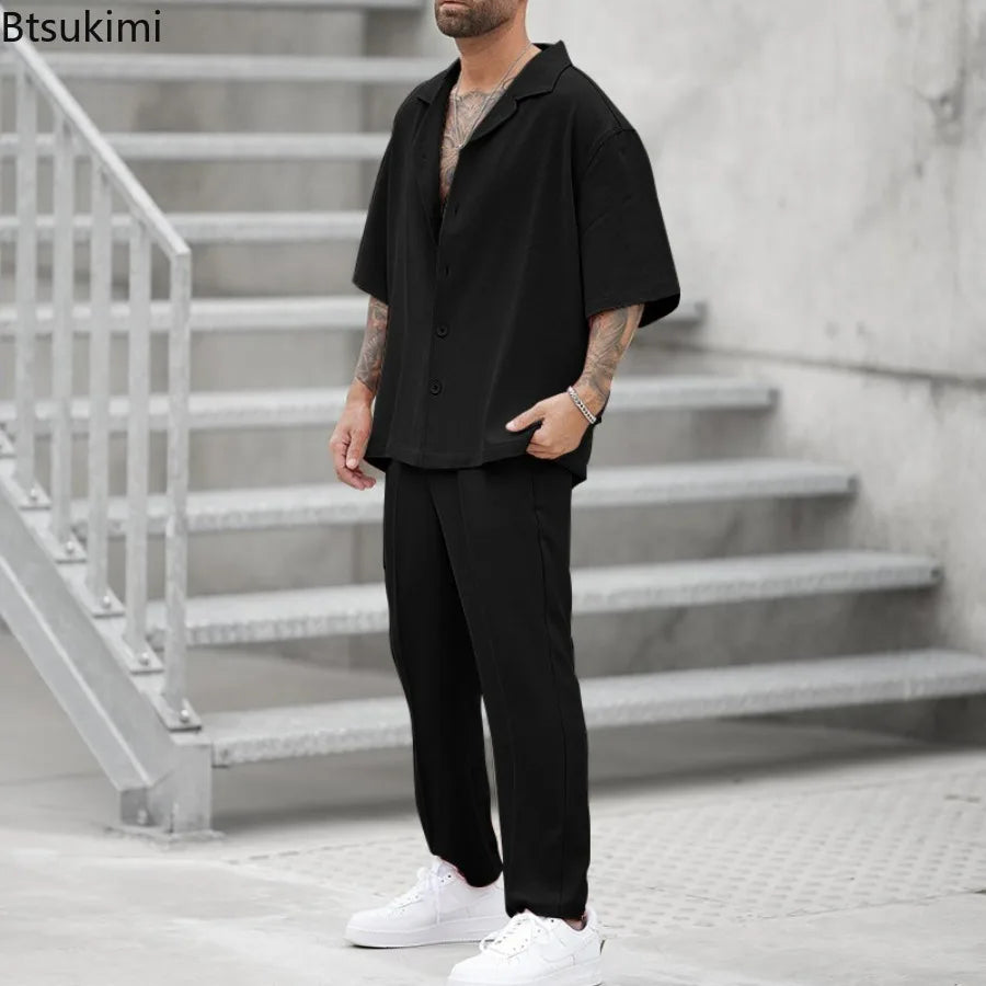 2024 Men's Casual 2PCS Pants Sets Fashion Lapel Shirt Top and Trousers Set Trendy Solid Blazer Pants Two Piece Set Clothing Male