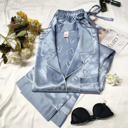 Spring and autumn ice silk new pajamas women's long-sleeved trousers thin section hot style home service silk suit summer