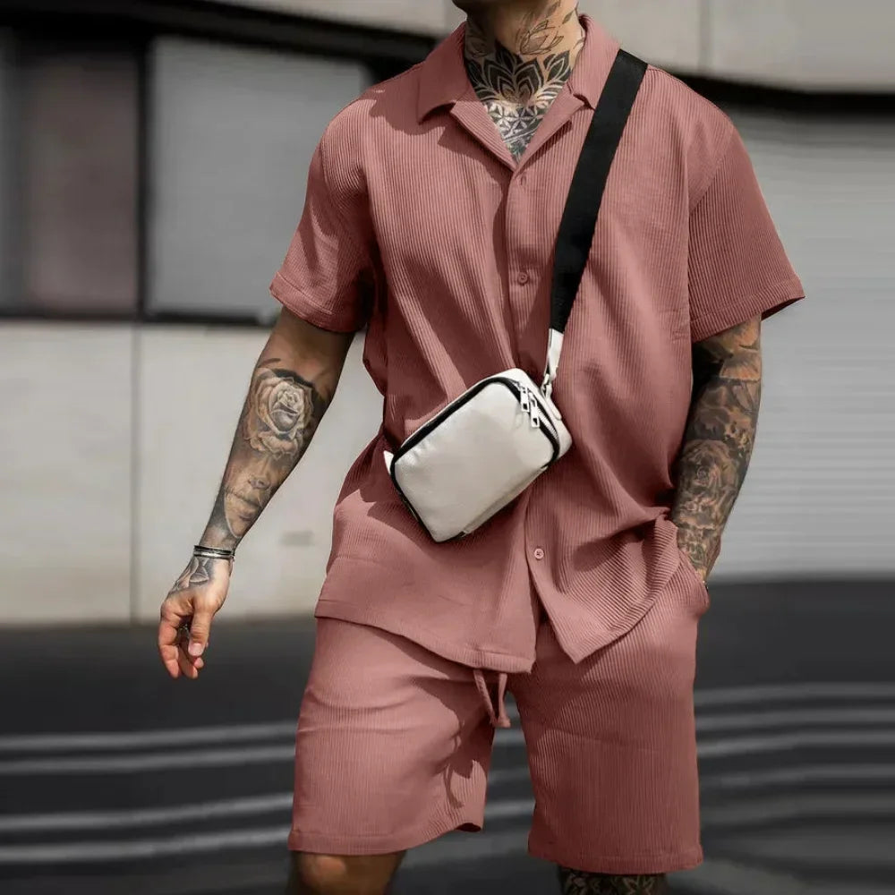 2024 Summer Solid Casual Losse Men's Sets Soft Single Breasted Shirts Shorts 2 Pieces Sets for Men Fashoin Sweatpants Suit